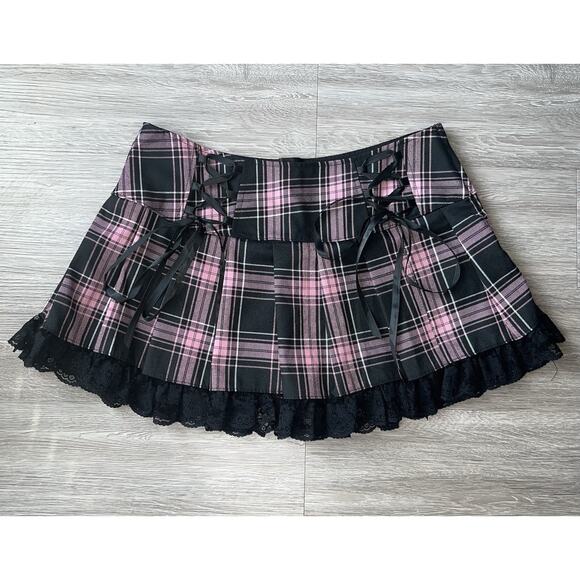 Widow Pink Plaid Corset Mini Skirt with Lace Trim – Gothic Punk Y2K Style Size M - Picture 1 of 5